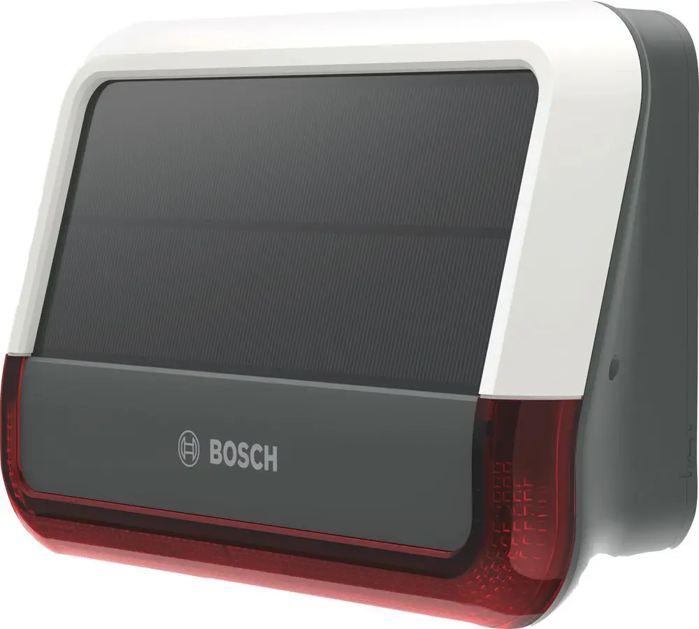 Weißer Gehäuse mit schwarzem Solarbereich und rotem Rücklicht. Die Sirene von Bosch ist für den Außeneinsatz konzipiert und ermöglicht einen flexiblen Alarm bei unterschiedlichen Bedrohungen.